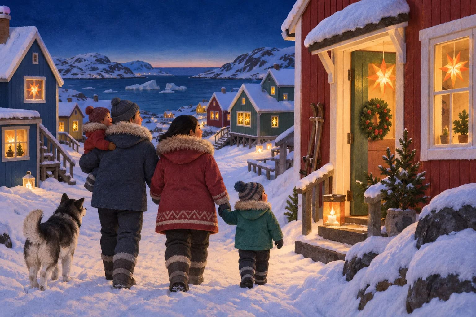 Maisons colorées du nord du Groenland sous un ciel bleu sombre, avec des étoiles lumineuses aux fenêtres et une famille dans la neige.