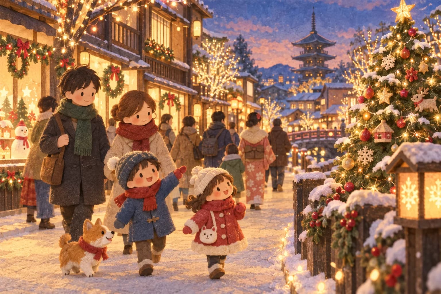 Rue japonaise illuminée pour Noël, avec un sapin et des familles qui se promènent