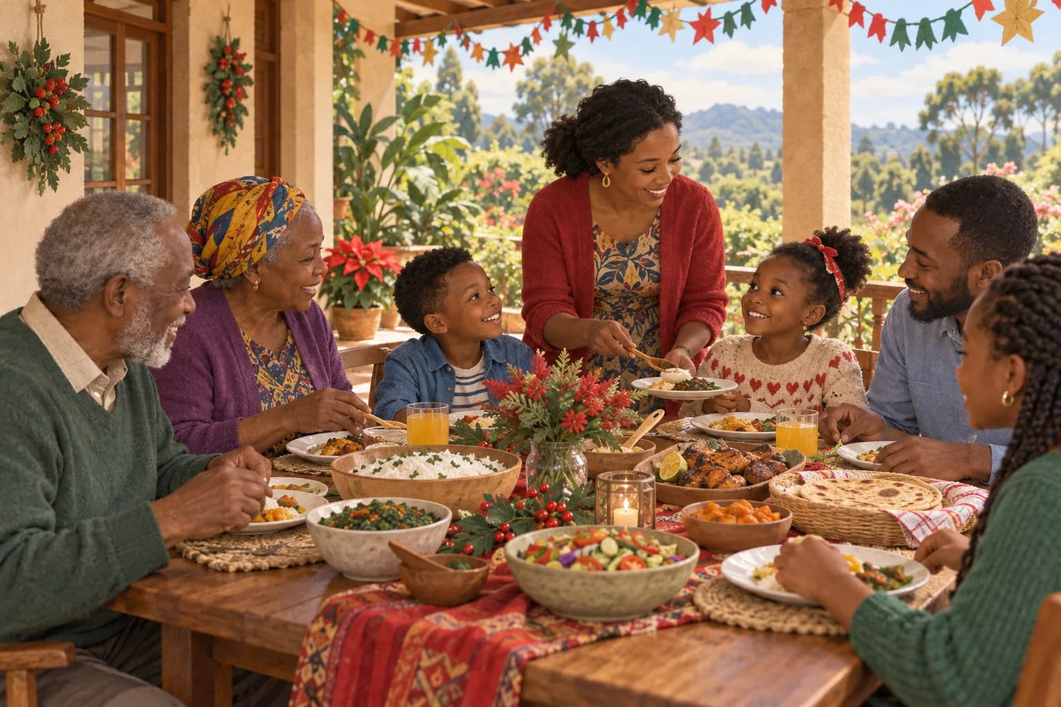 Une famille kenyane partage un repas de Noël sur une véranda décorée de guirlandes.