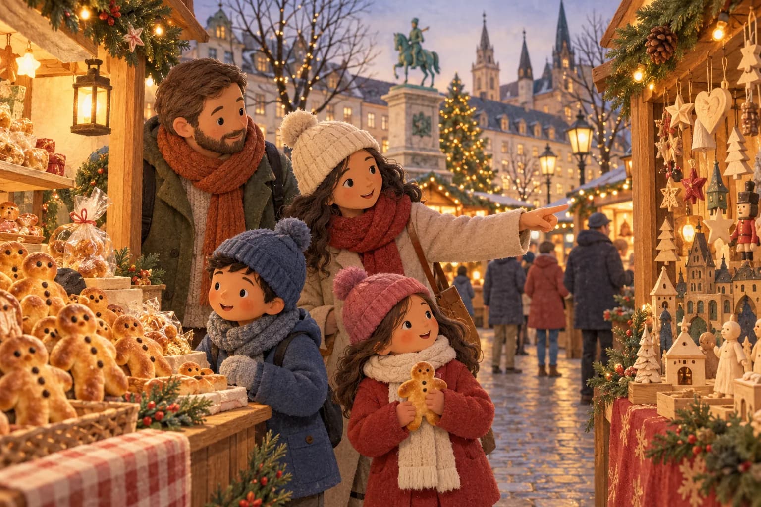 Une famille découvre un marché de Noël luxembourgeois, entre chalets illuminés et petits bonshommes briochés.