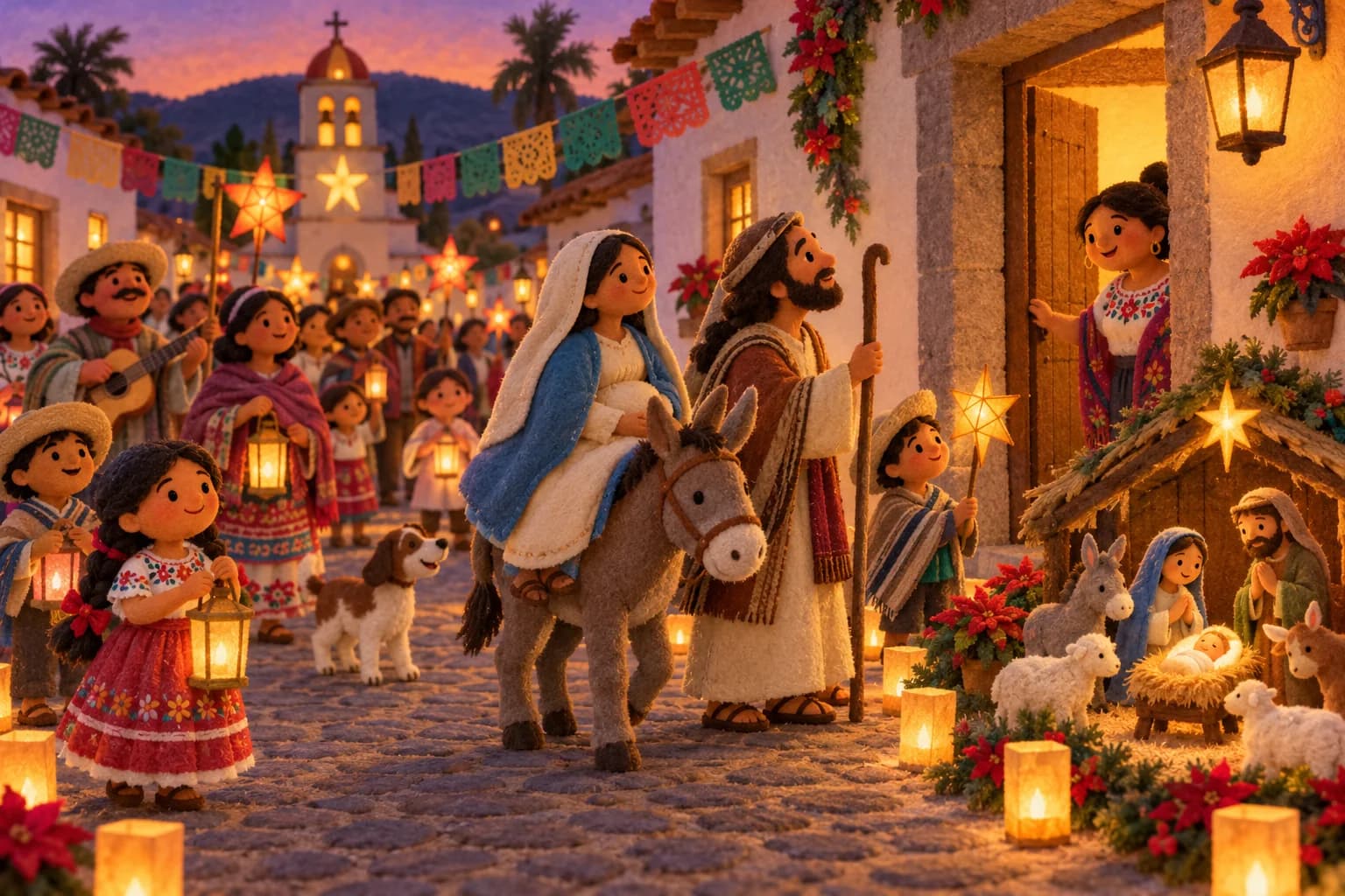 Une procession familiale arrive devant une porte ouverte dans un village mexicain décoré pour Noël