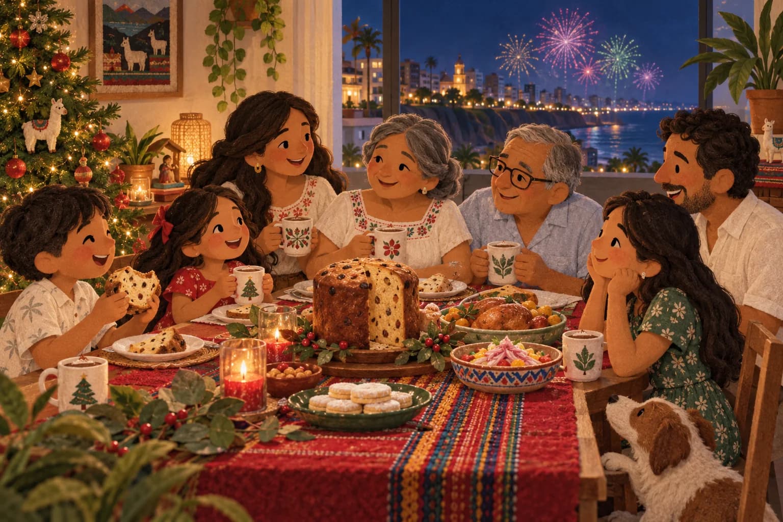 Une famille au Pérou partage le réveillon avec un panetón, tandis que des feux d’artifice brillent au loin.