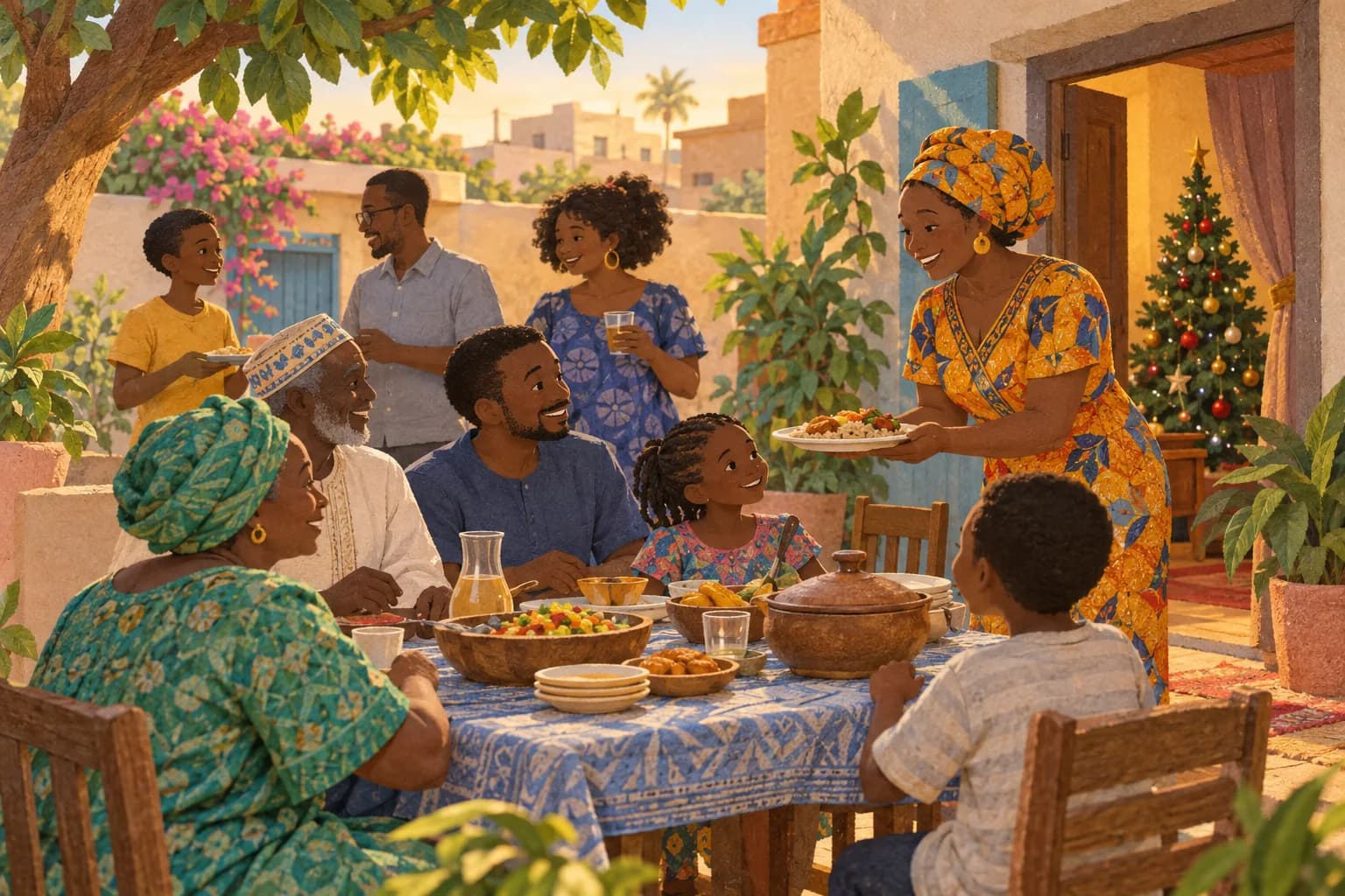 Dans une cour à Dakar, des enfants et des adultes accueillent leurs voisins autour d’une table, près d’un petit sapin de Noël.