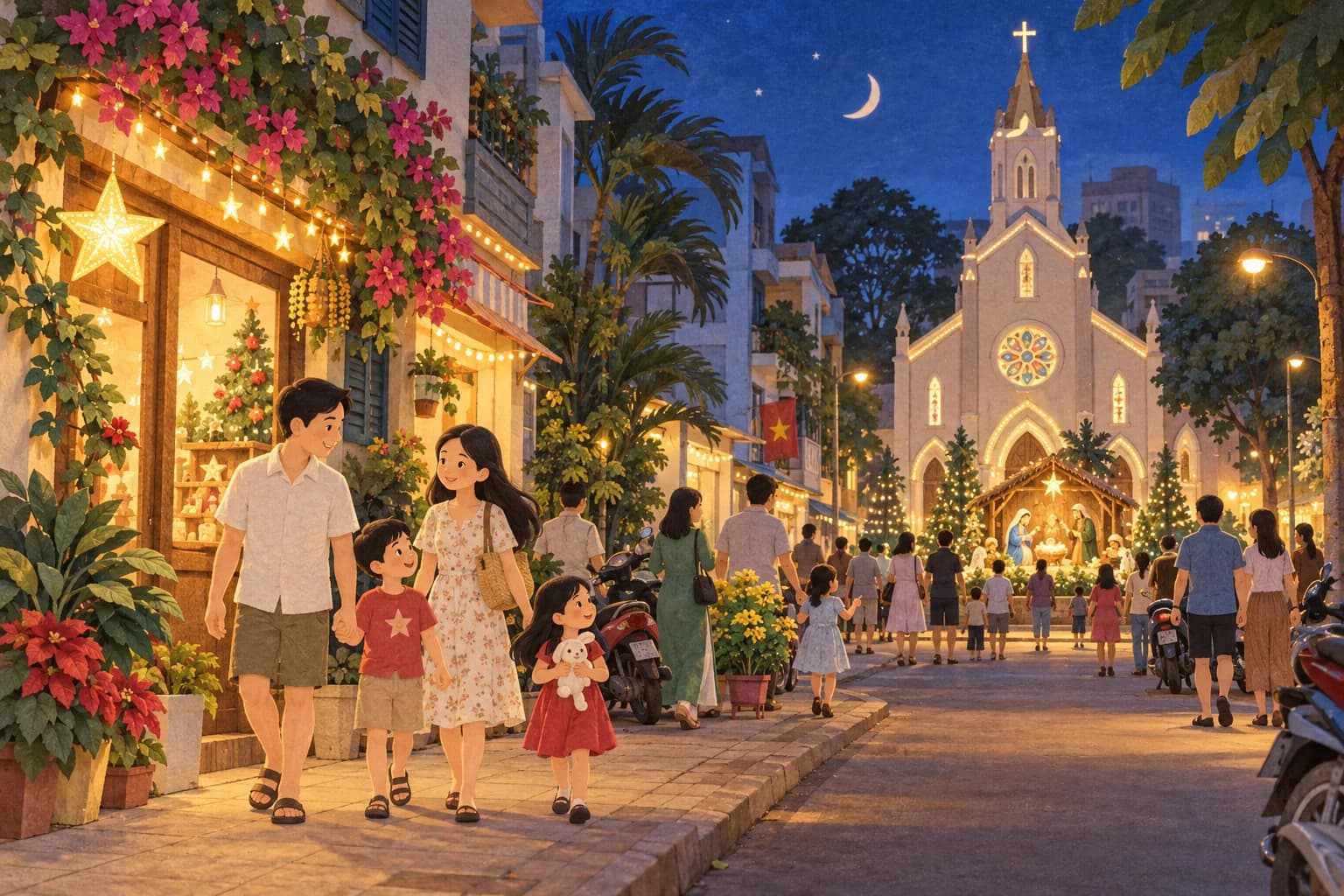Familles devant une église et quelques façades illuminées pour Noël à Hô-Chi-Minh-Ville, par une douce soirée sans neige.