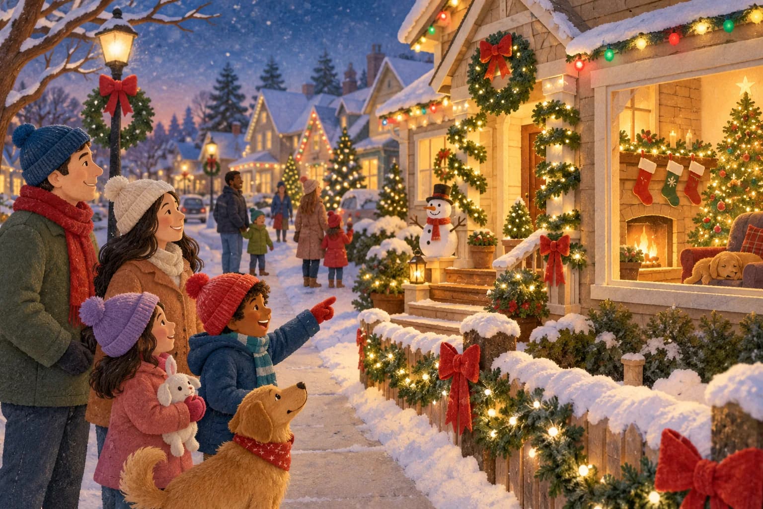 Maisons américaines décorées de guirlandes lumineuses avec des bas de Noël près d’une cheminée