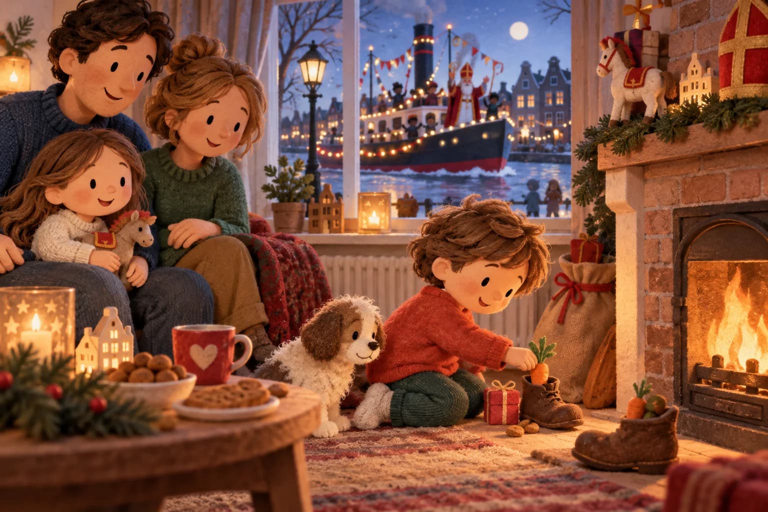 Enfant déposant une chaussure près de la cheminée pour Sinterklaas