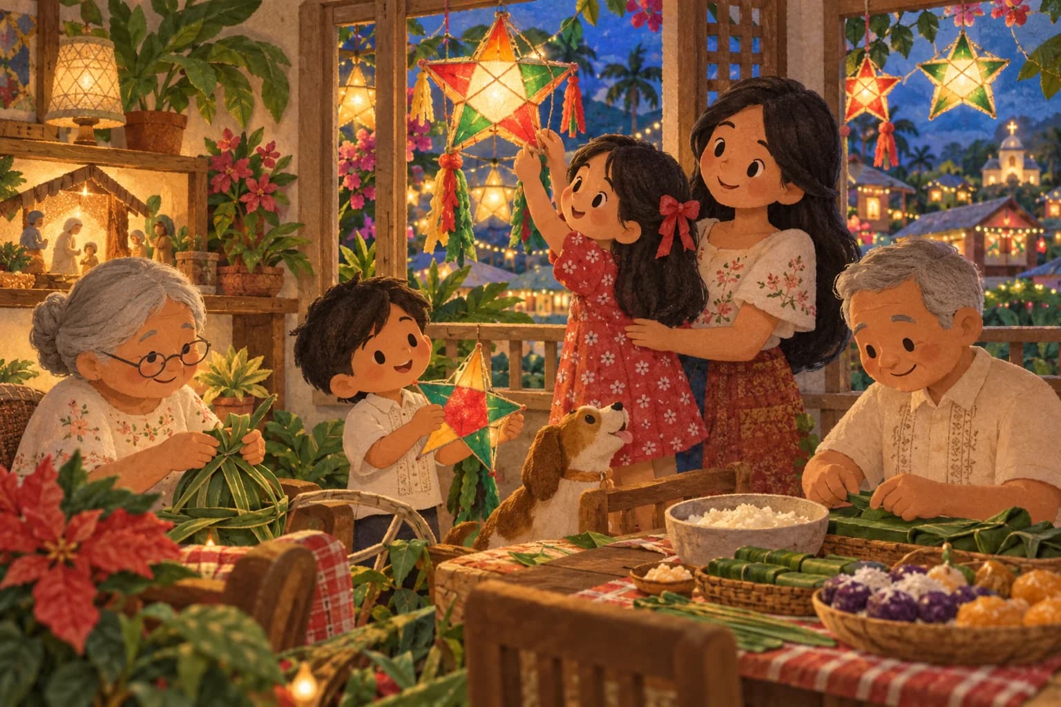 Famille philippine réunie sous des lanternes étoilées de Noël