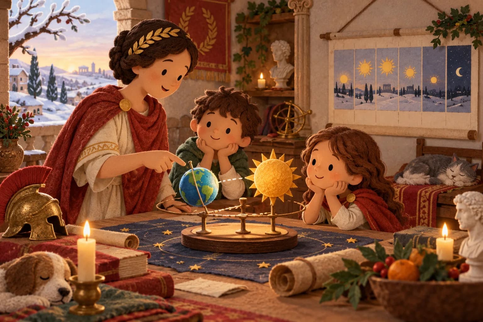 Un parent et deux enfants observent un calendrier de l'hiver et une maquette de la Terre et du Soleil