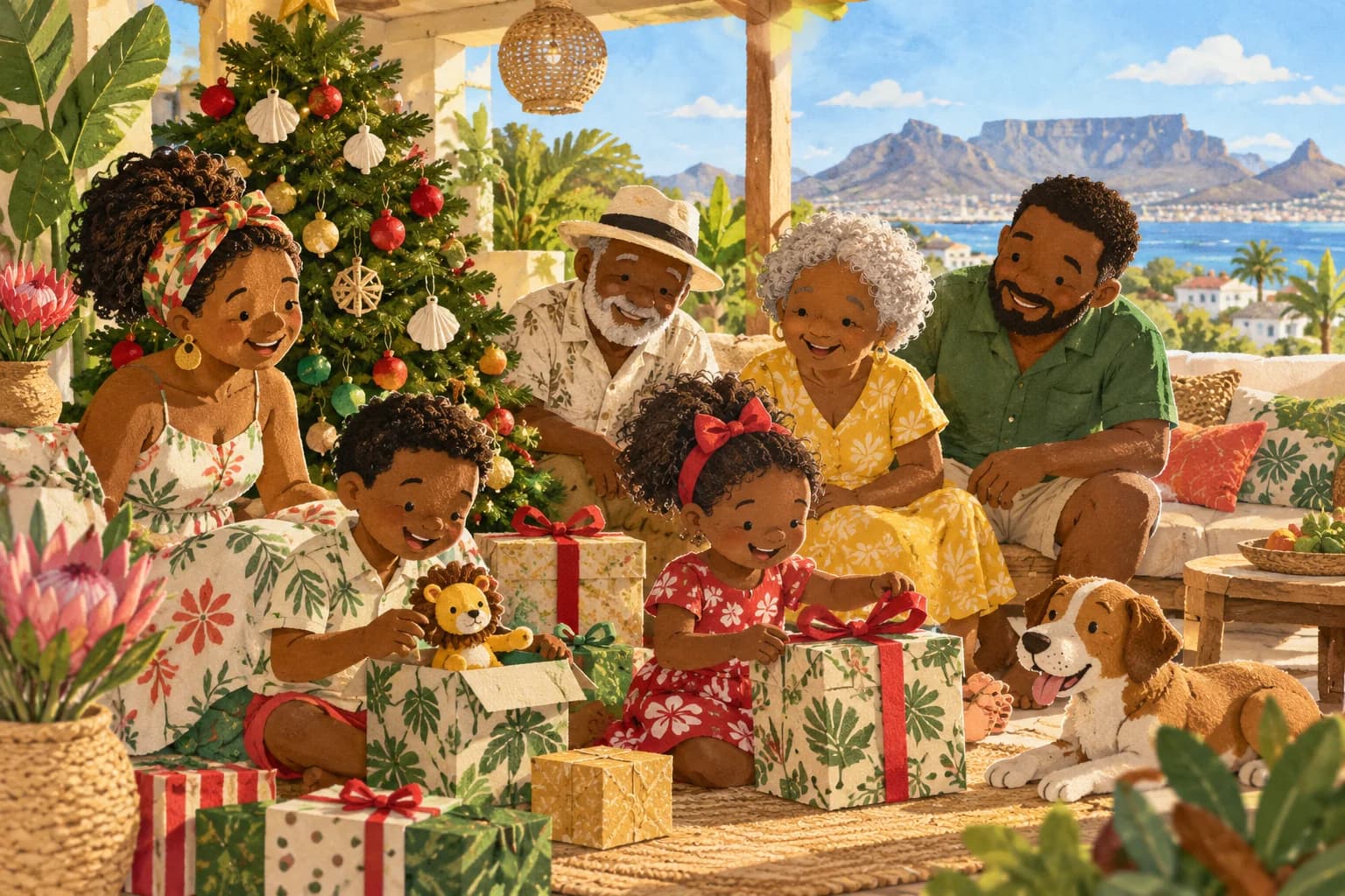 Famille sud-africaine réunie dehors pour Noël sous le soleil