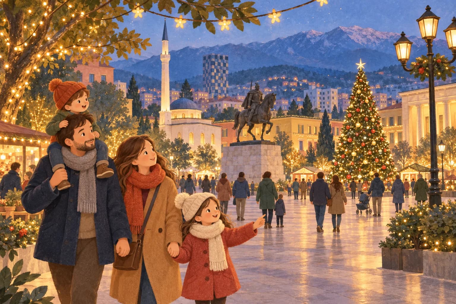 Une famille découvre une place de Tirana illuminée pour les fêtes de fin d’année.