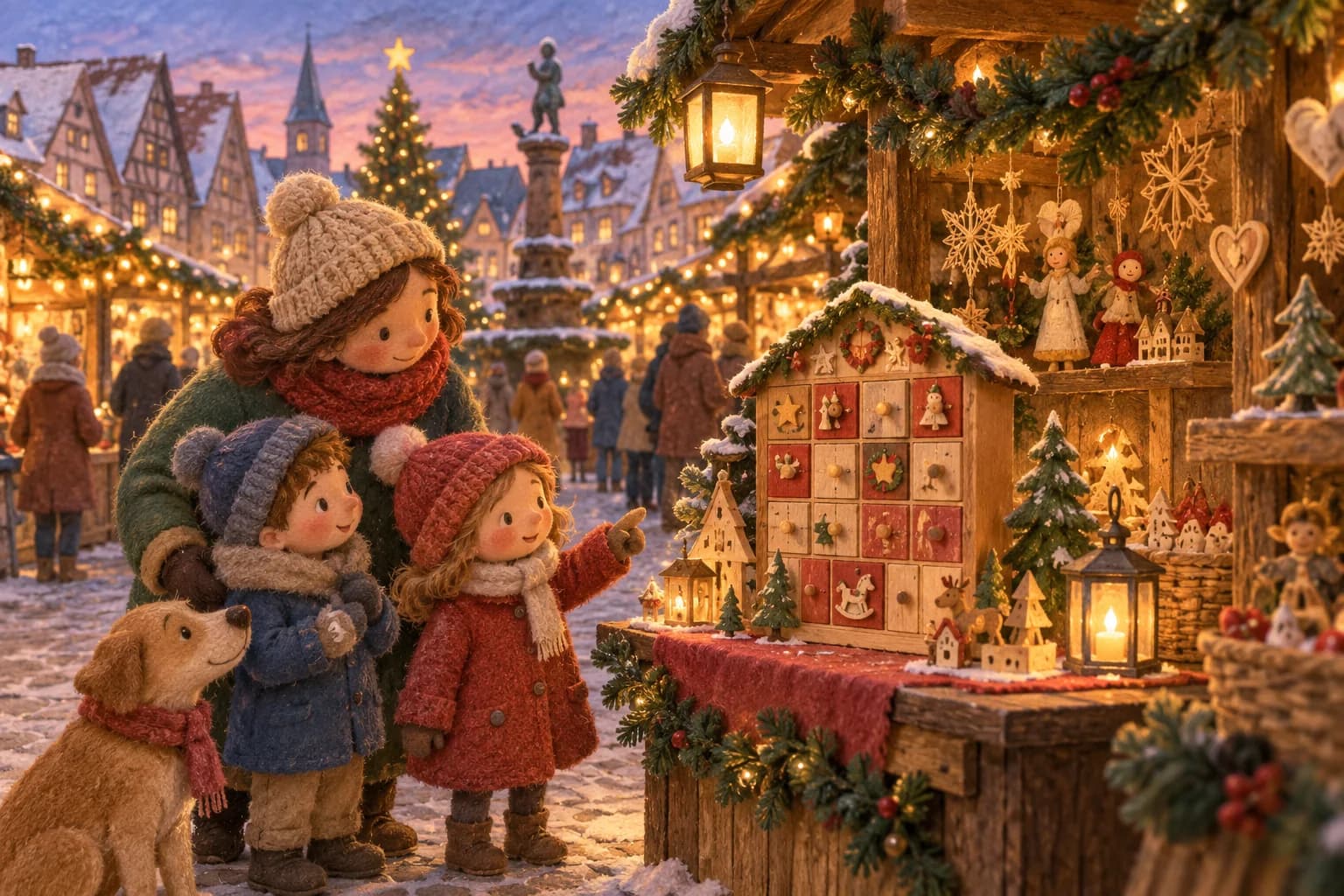 Marché de Noël allemand illuminé avec une famille et un calendrier de l’Avent