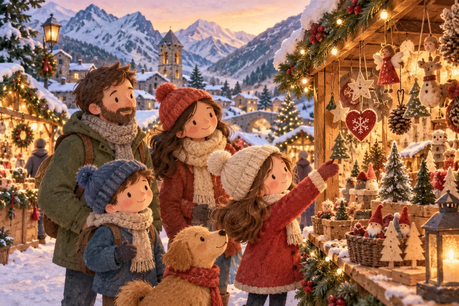Famille découvrant un marché de Noël dans les montagnes d’Andorre