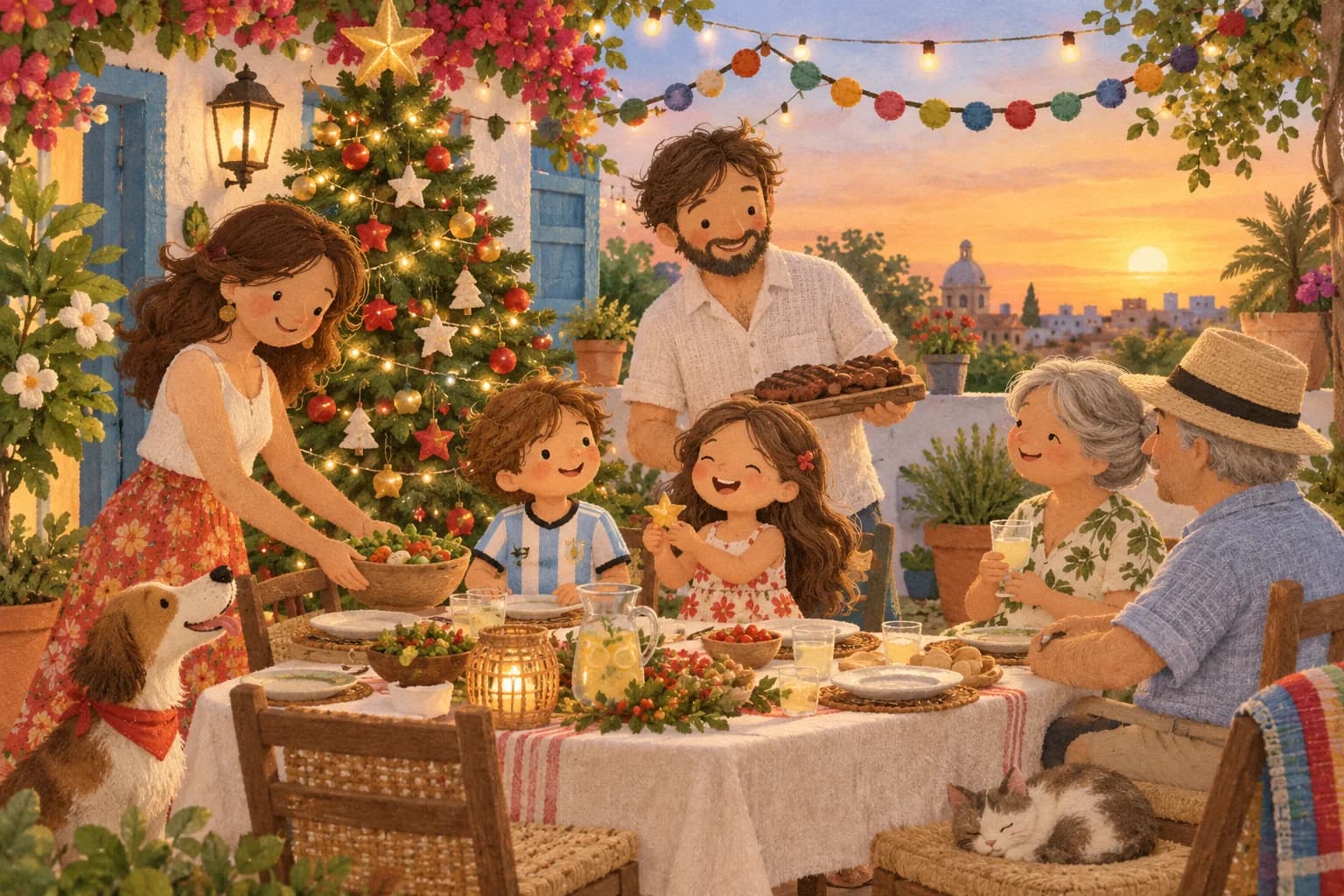 Famille argentine réunie autour d'un sapin pendant un Noël d'été