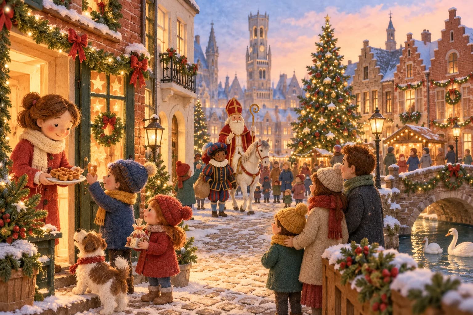 Village belge décoré pour Noël avec des familles, un sapin et Saint Nicolas