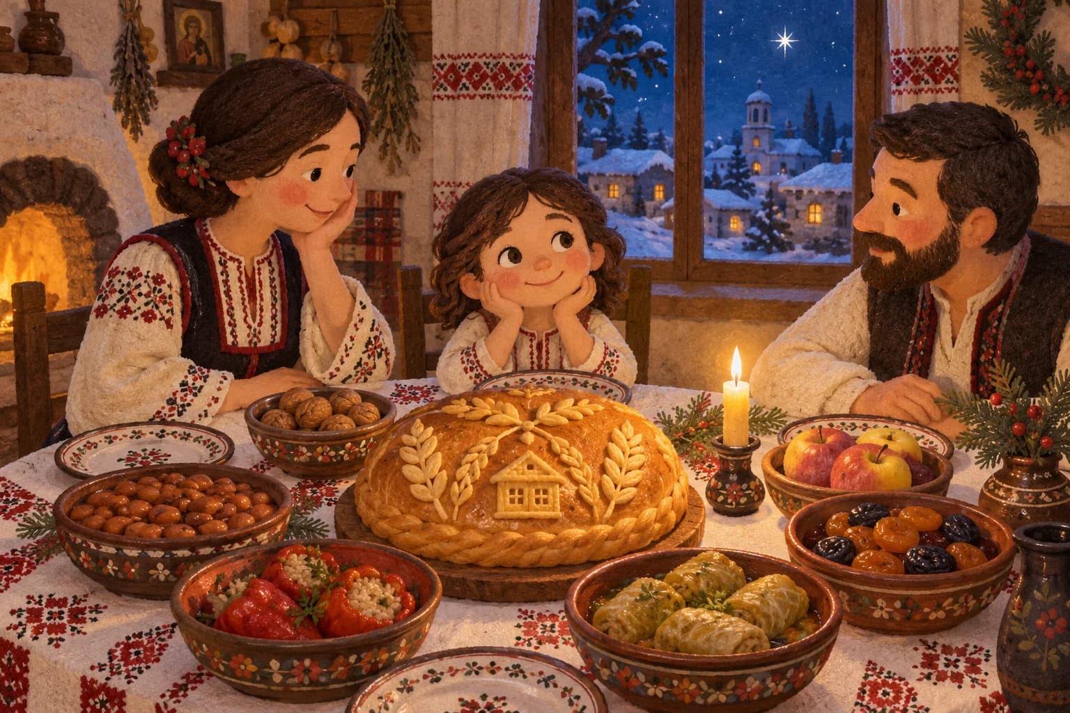 Une famille autour d’une table de réveillon bulgare, avec un pain décoré, des plats végétaux et une étoile visible par la fenêtre.