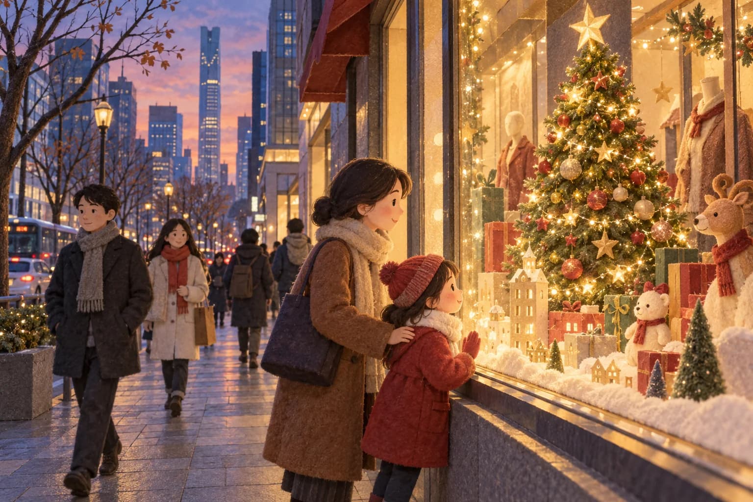 Un enfant et un parent regardent une vitrine de Noël illuminée dans une rue chinoise, à côté de bâtiments sans décorations.
