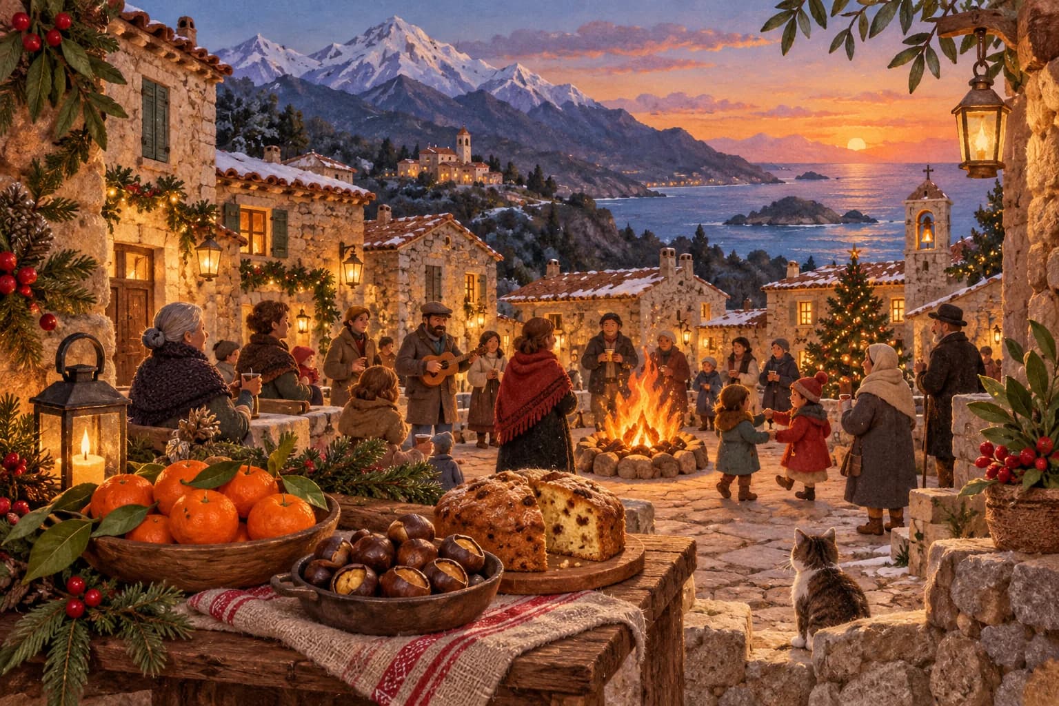Village corse à Noël, avec un feu sur la place, des montagnes enneigées et des spécialités locales.