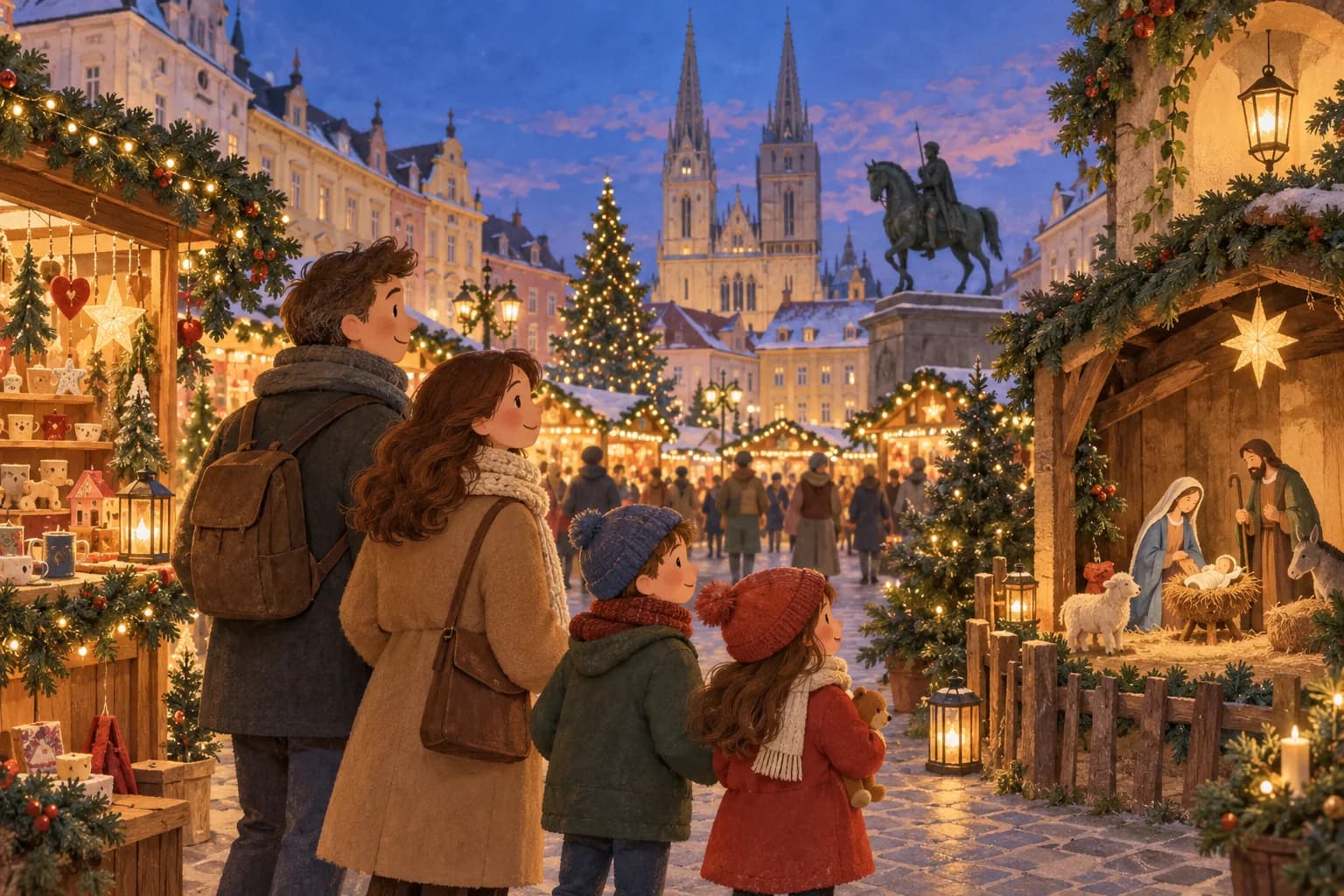 Une famille découvre des chalets illuminés et une petite crèche sur une place de l’Avent inspirée de Zagreb.