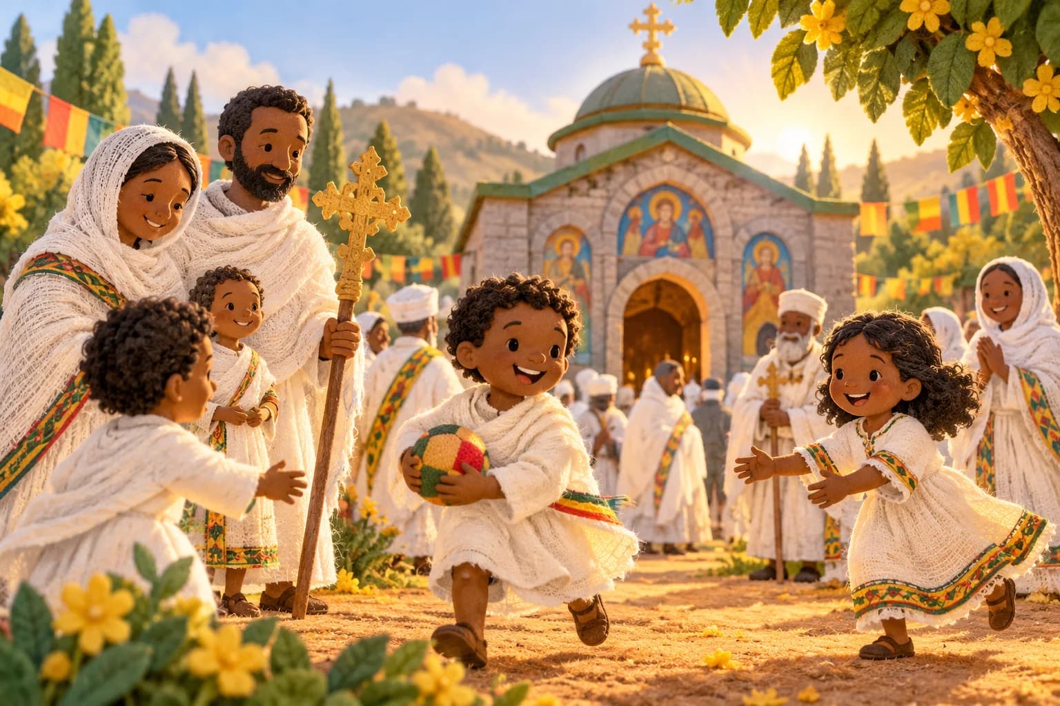 Famille éthiopienne réunie devant une église pour Noël en janvier