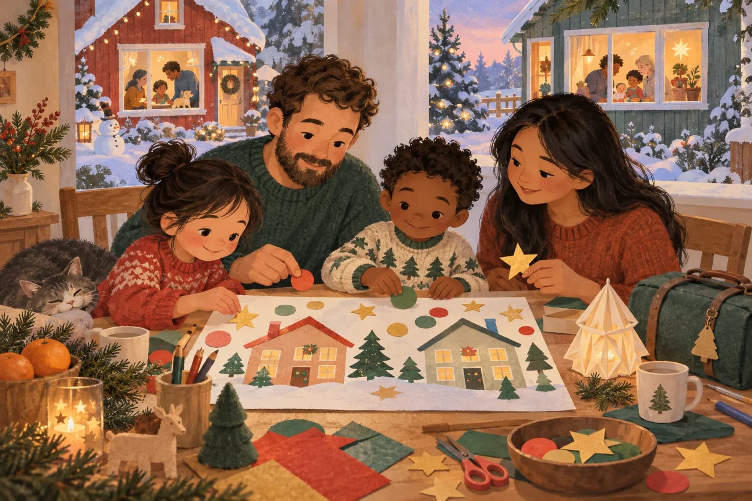 Des enfants et des adultes préparent un calendrier illustré de Noël, avec deux maisons accueillantes en arrière-plan.