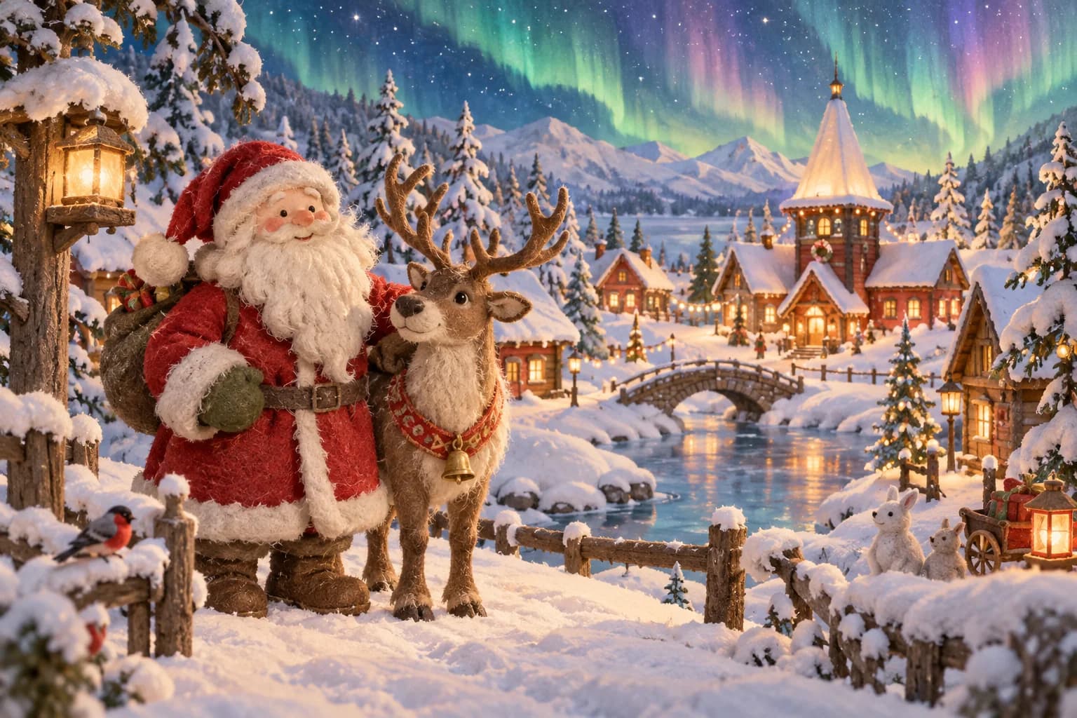 Village du Père Noël en Laponie finlandaise sous les aurores boréales