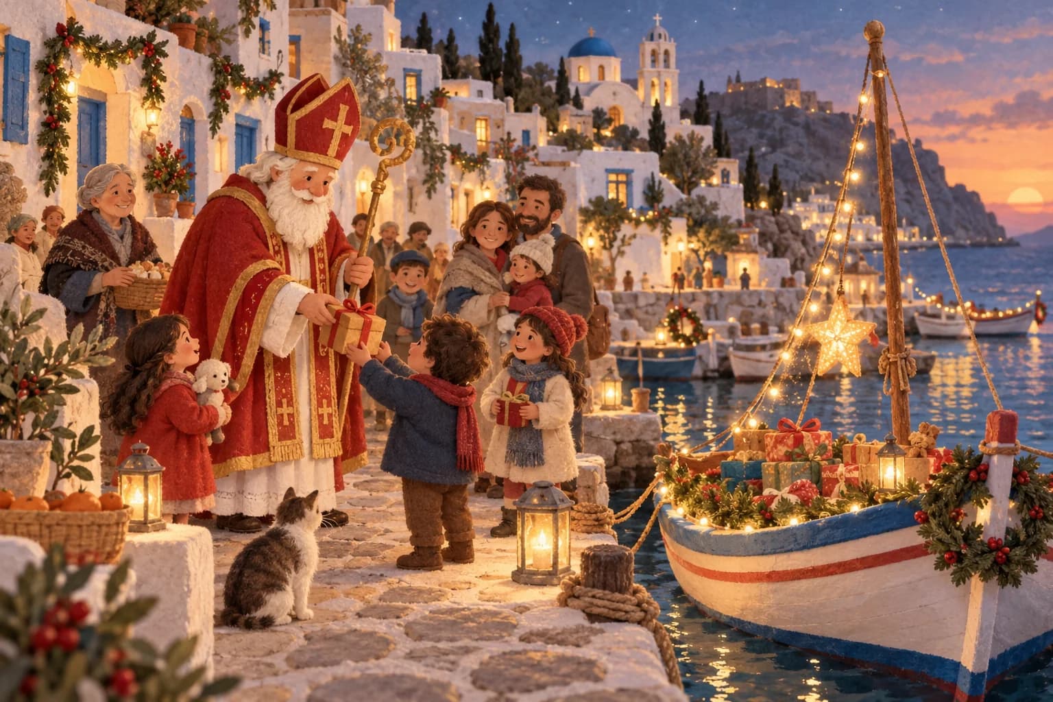 Un bateau grec illuminé dans un port avec des enfants et saint Basile