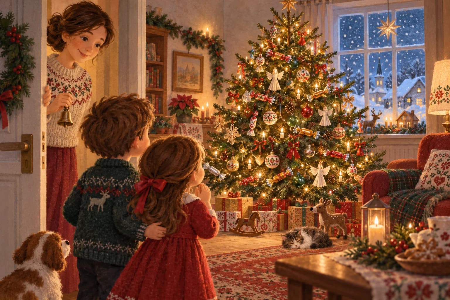Deux enfants découvrent un sapin décoré de bonbons emballés et de petits anges dans une maison hongroise.