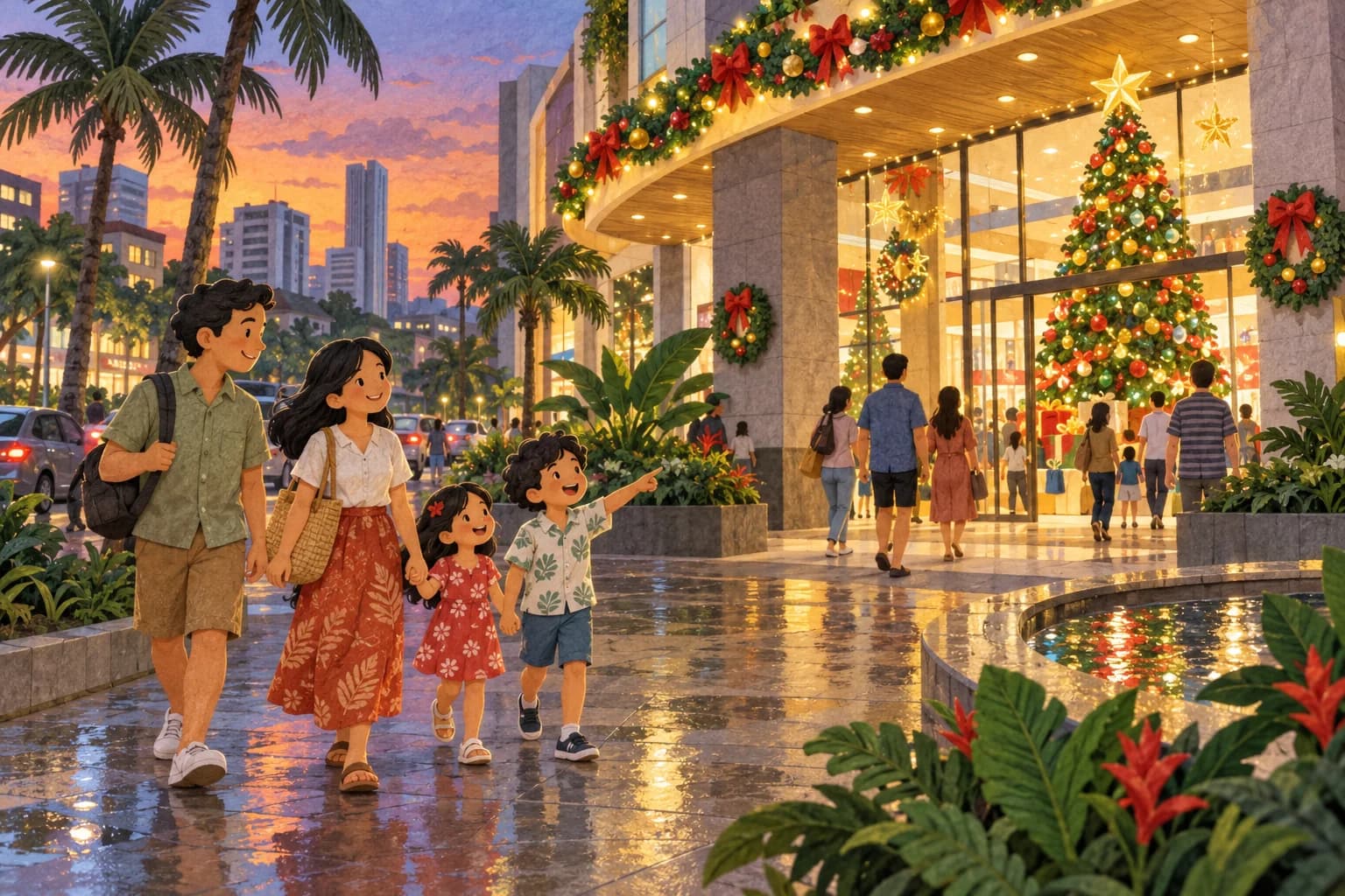 Une famille devant un centre commercial décoré pour Noël dans une ville indonésienne, entourée de plantes tropicales.