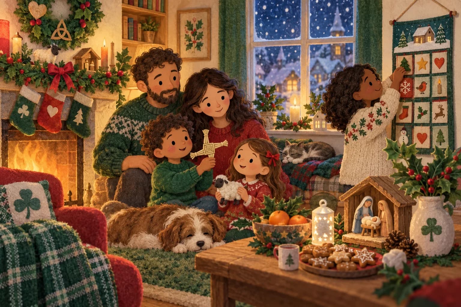 Famille découvrant les traditions de Noël irlandaises près d’une fenêtre illuminée