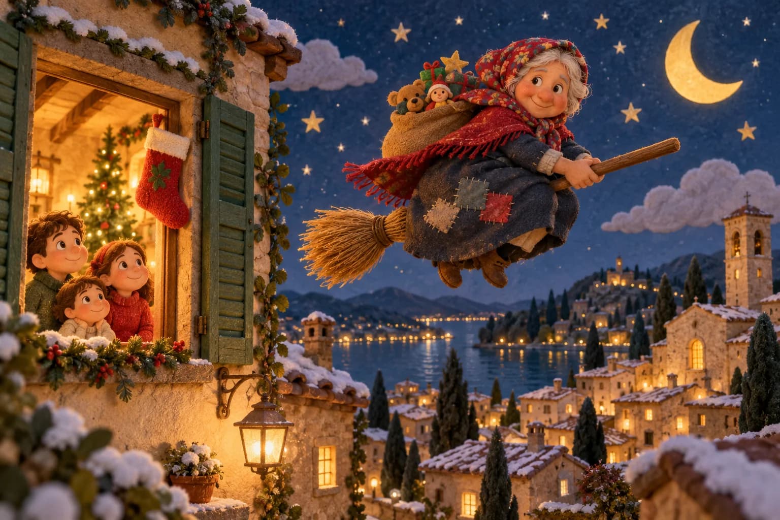 La Befana souriante vole au-dessus d’un village italien avec son balai et son sac de cadeaux