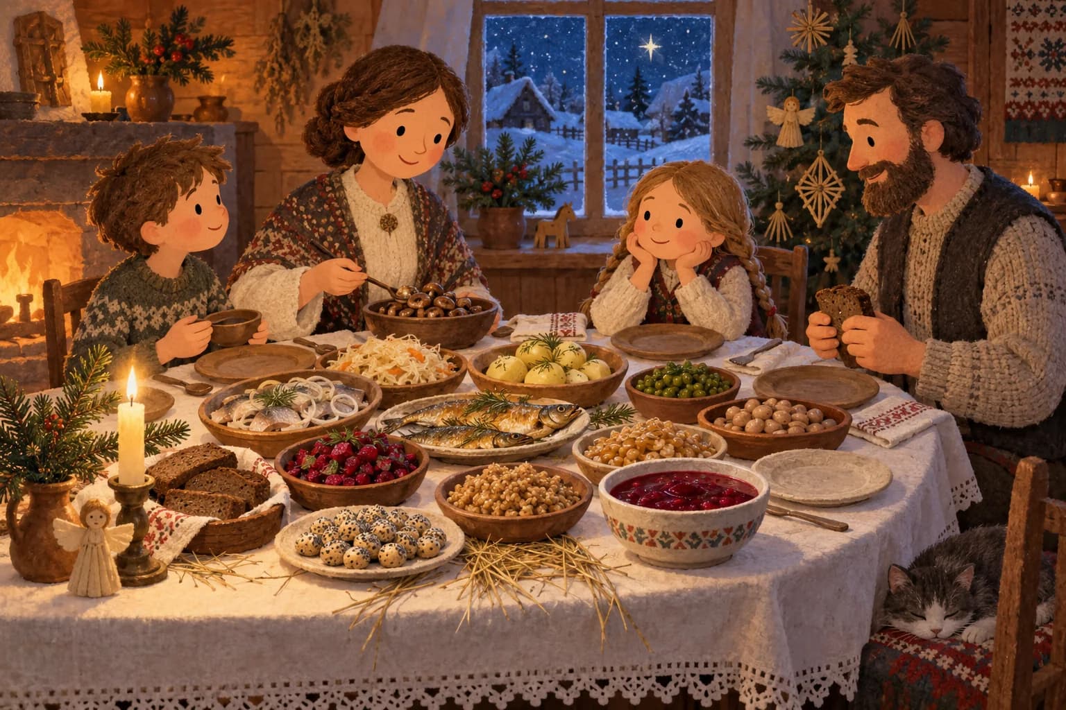 Une famille partage les douze préparations de Kūčios autour d’une table, un soir d’hiver en Lituanie.