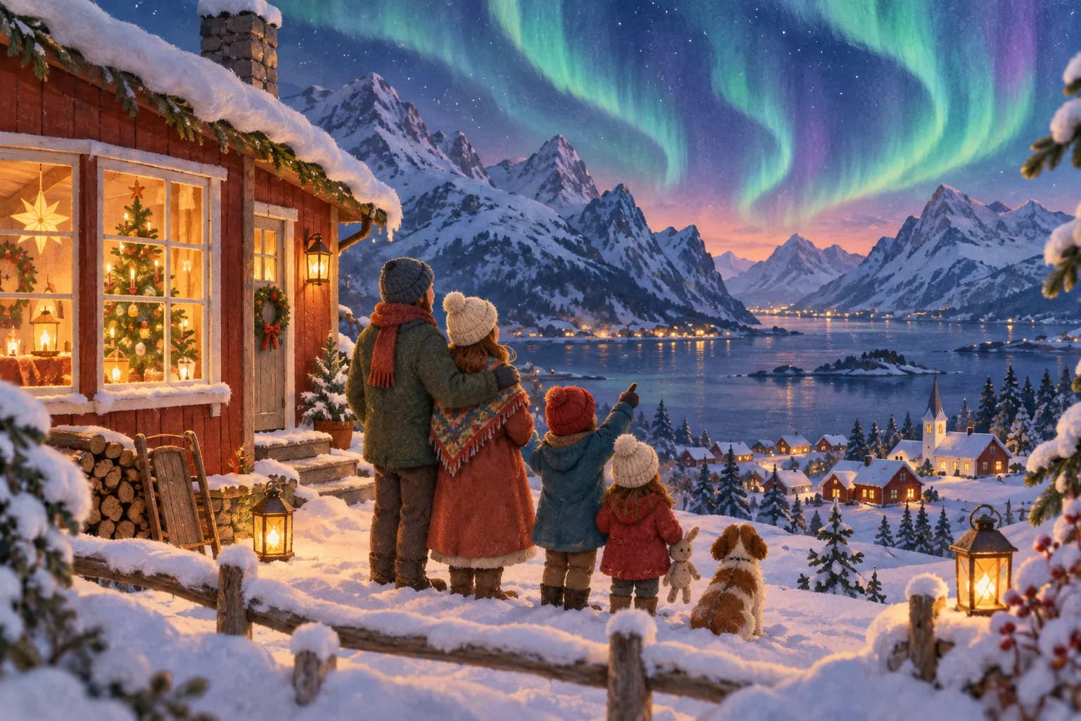 Maison norvégienne éclairée près d’un sapin décoré, dans un paysage d’hiver bleu