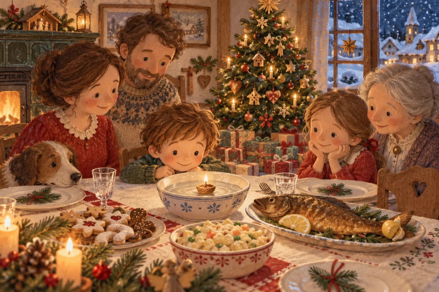 Famille réunie autour d’un repas de Noël tchèque près du sapin