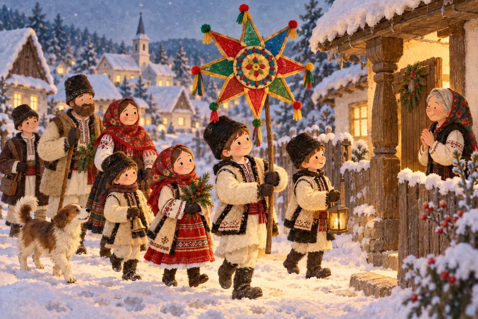 Enfants et adultes portant une grande étoile décorée dans un village enneigé