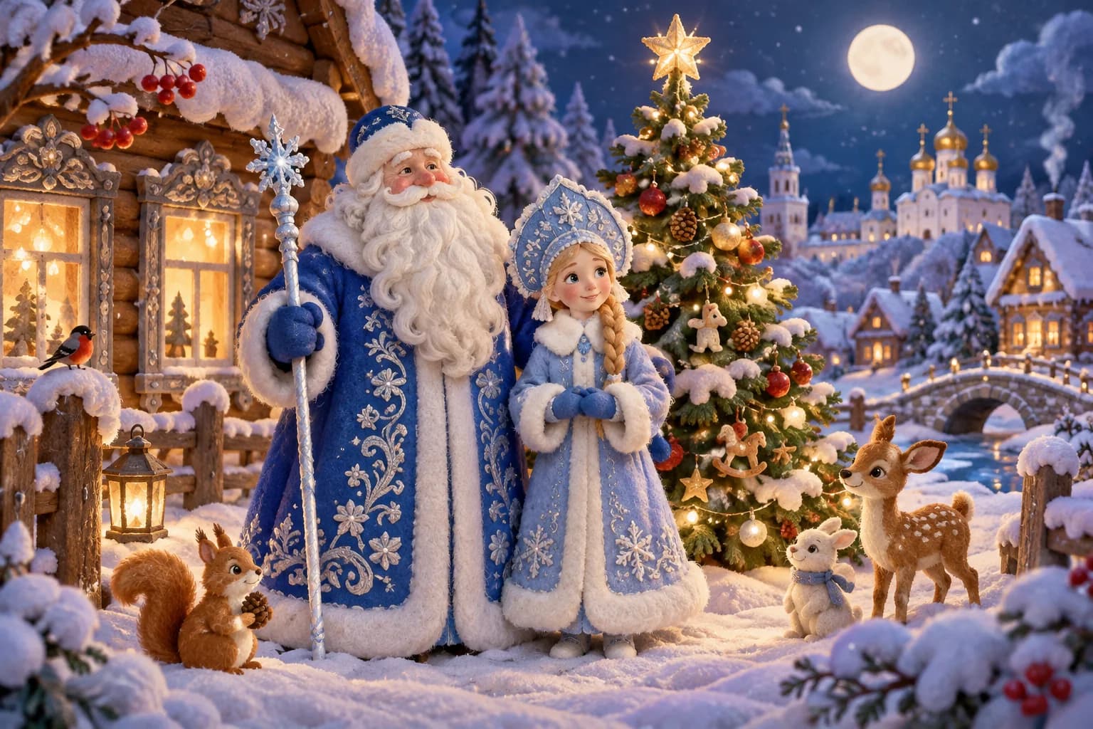 Grand-Père Gel et Snegourotchka devant un sapin décoré dans un paysage enneigé