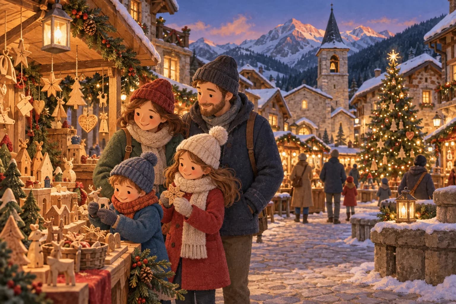 Une famille découvre les décorations de Noël d’un village alpin, entre maisons de pierre, sapin et montagnes.