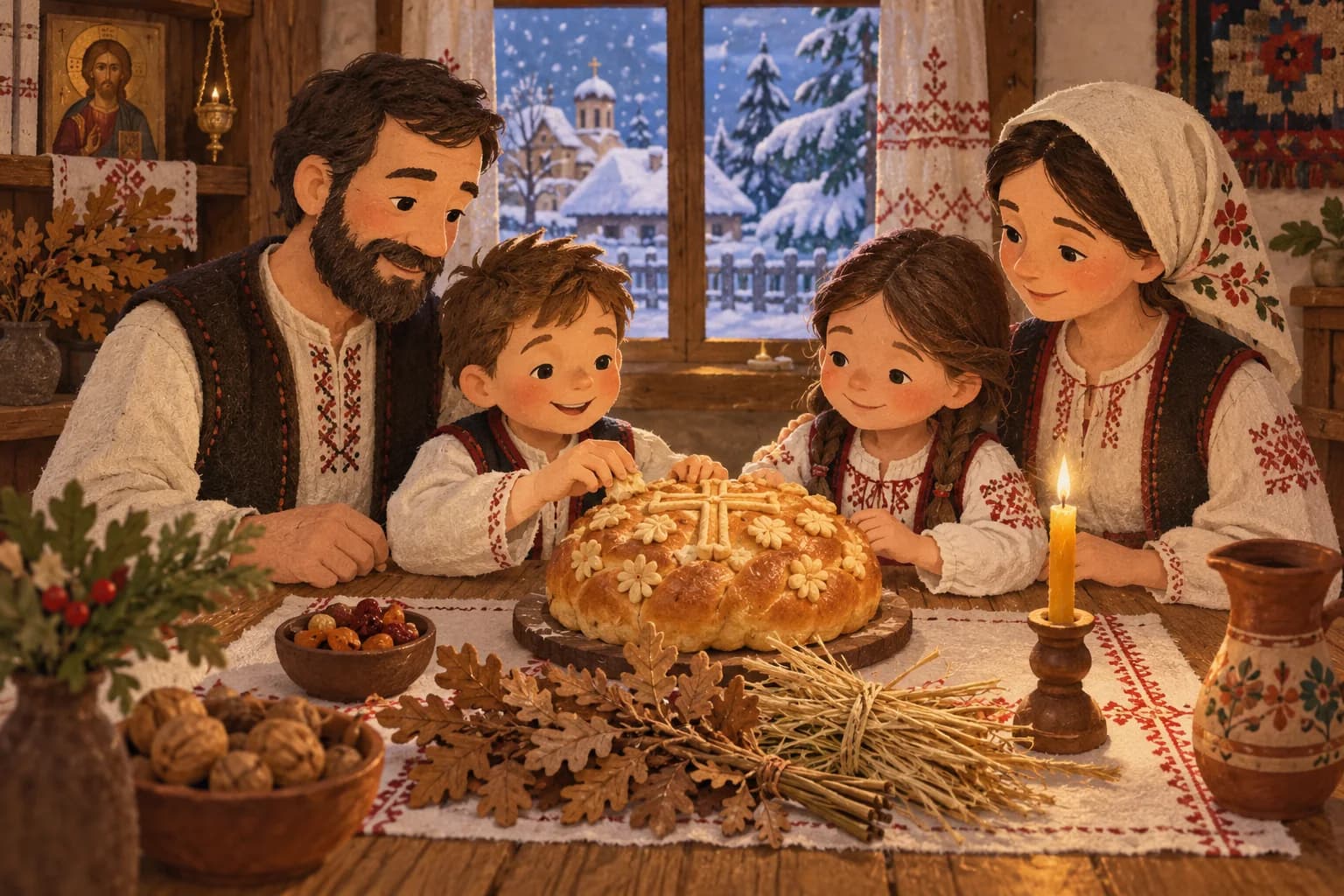 Une famille réunie autour d’un pain de Noël serbe, avec des rameaux de chêne et un peu de paille.