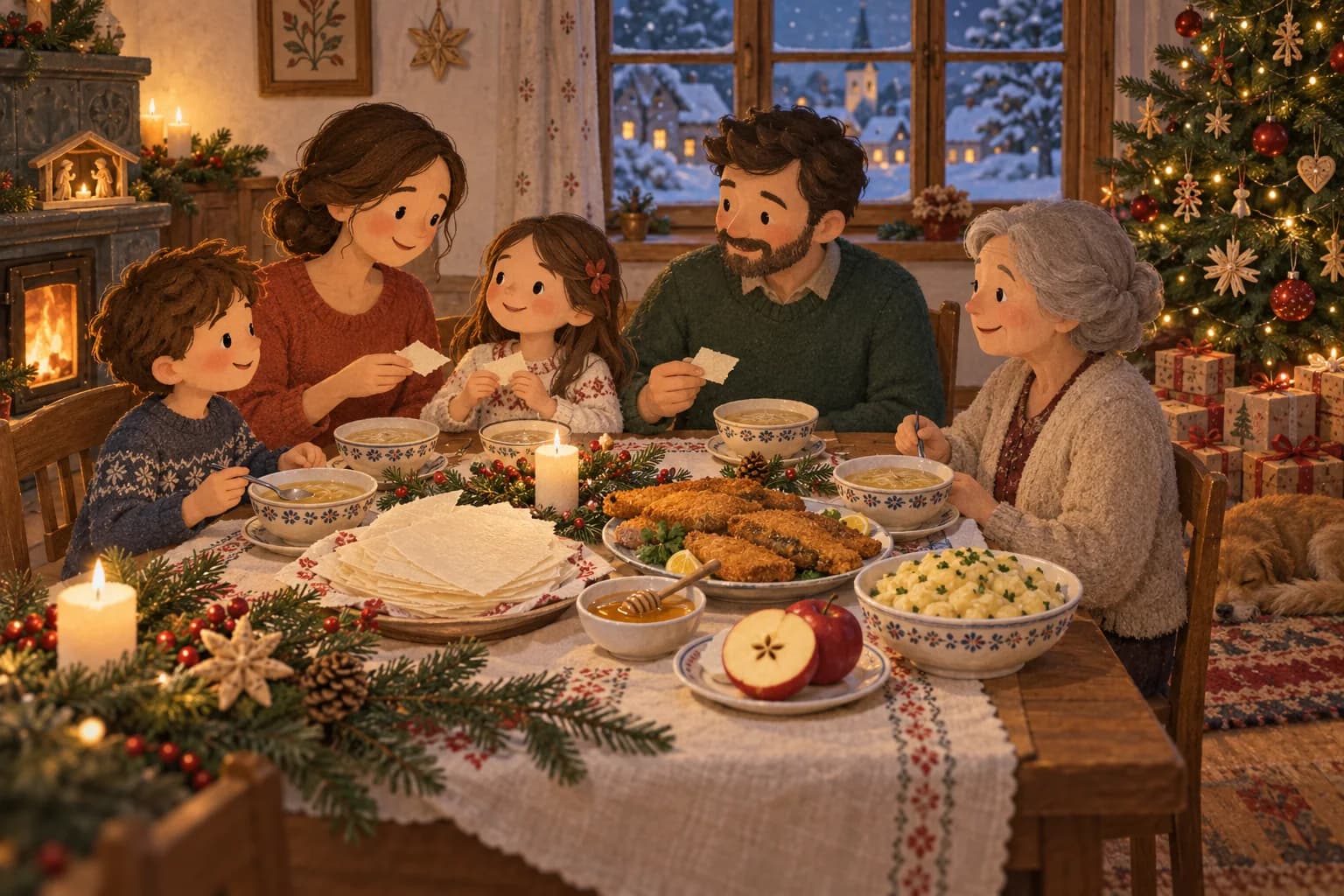 Une famille partage le repas de Noël slovaque autour de gaufrettes au miel, de soupe au chou et de poisson, près du sapin.