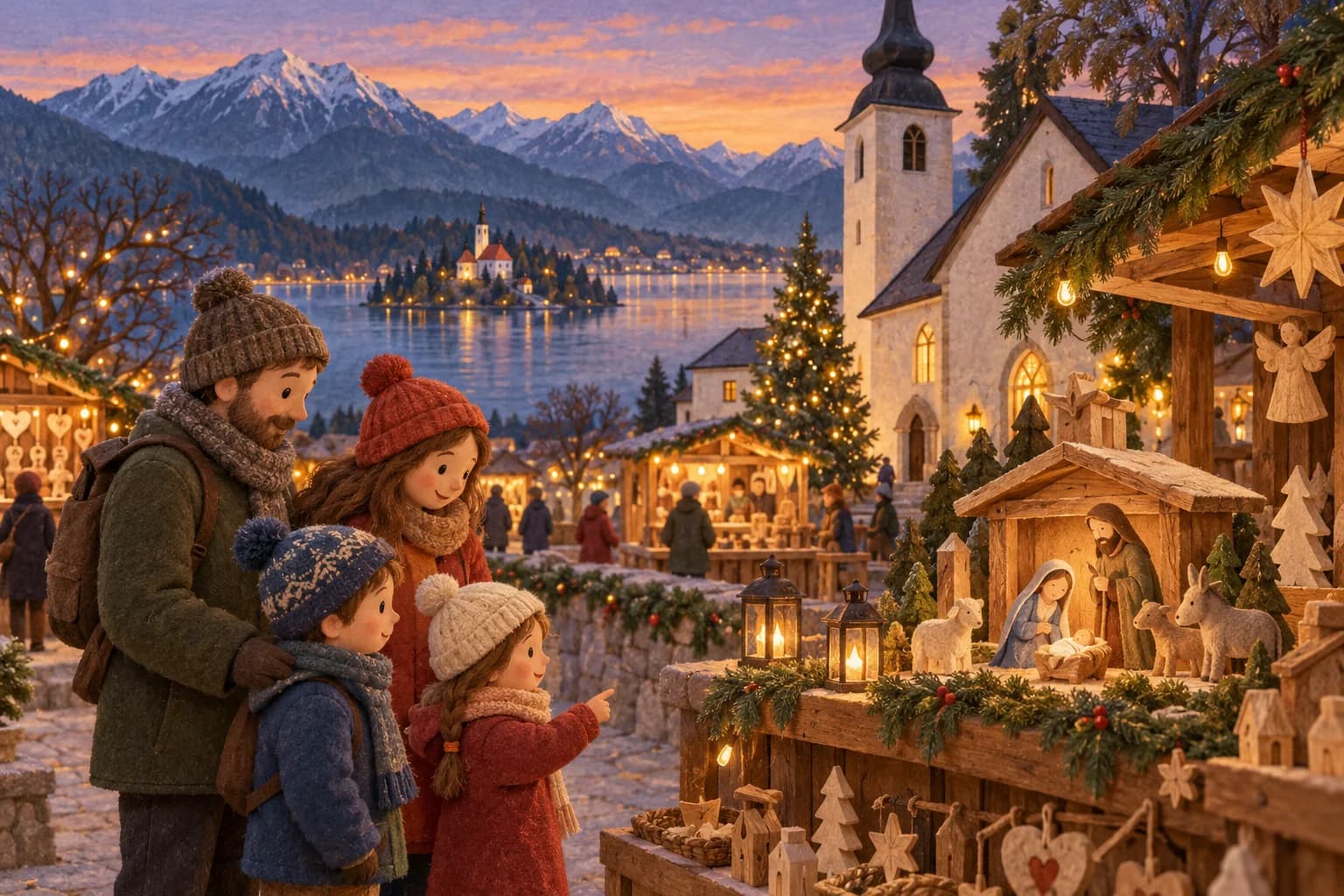 Une famille découvre des chalets de Noël et une petite crèche près d’un lac, devant les montagnes slovènes.