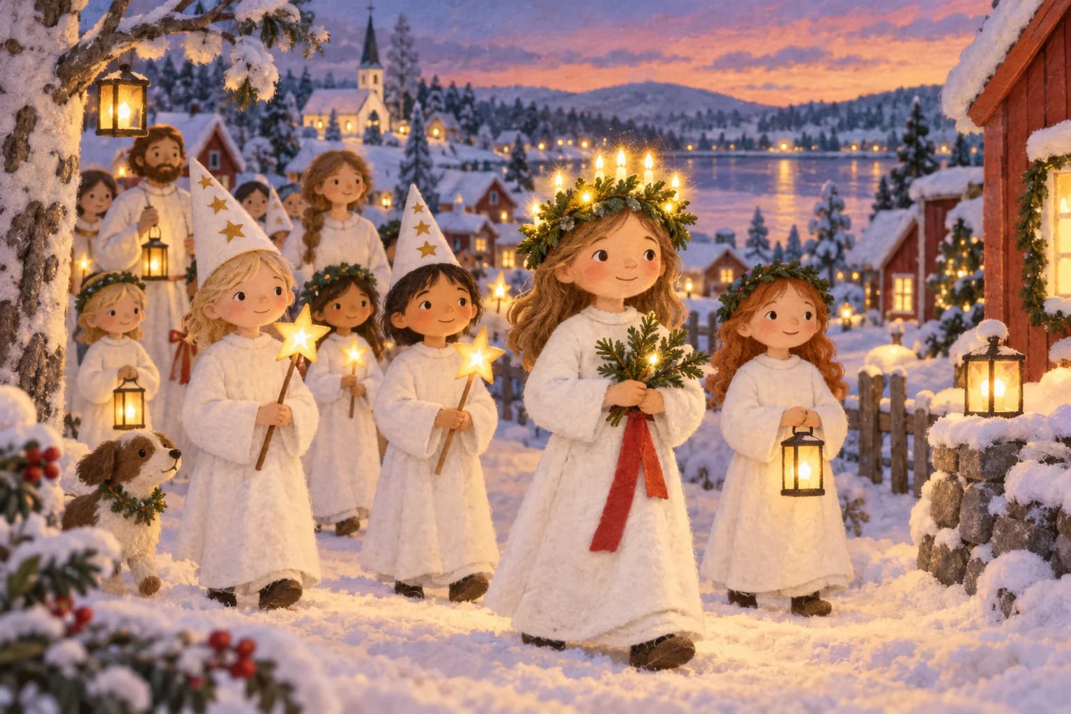 Procession de Sainte-Lucie dans un village suédois enneigé avec des lumières LED