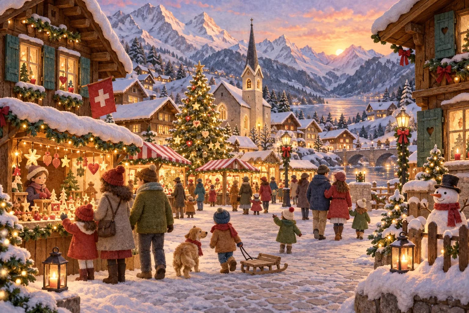 Village suisse illuminé par un marché de Noël au pied des montagnes enneigées