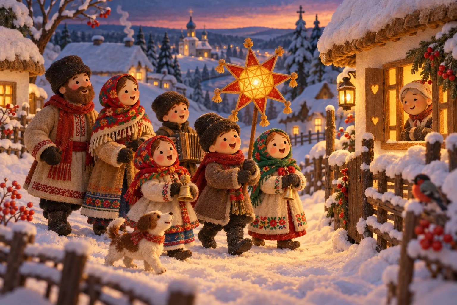Enfants et parents chantant devant des maisons enneigées avec une étoile décorée