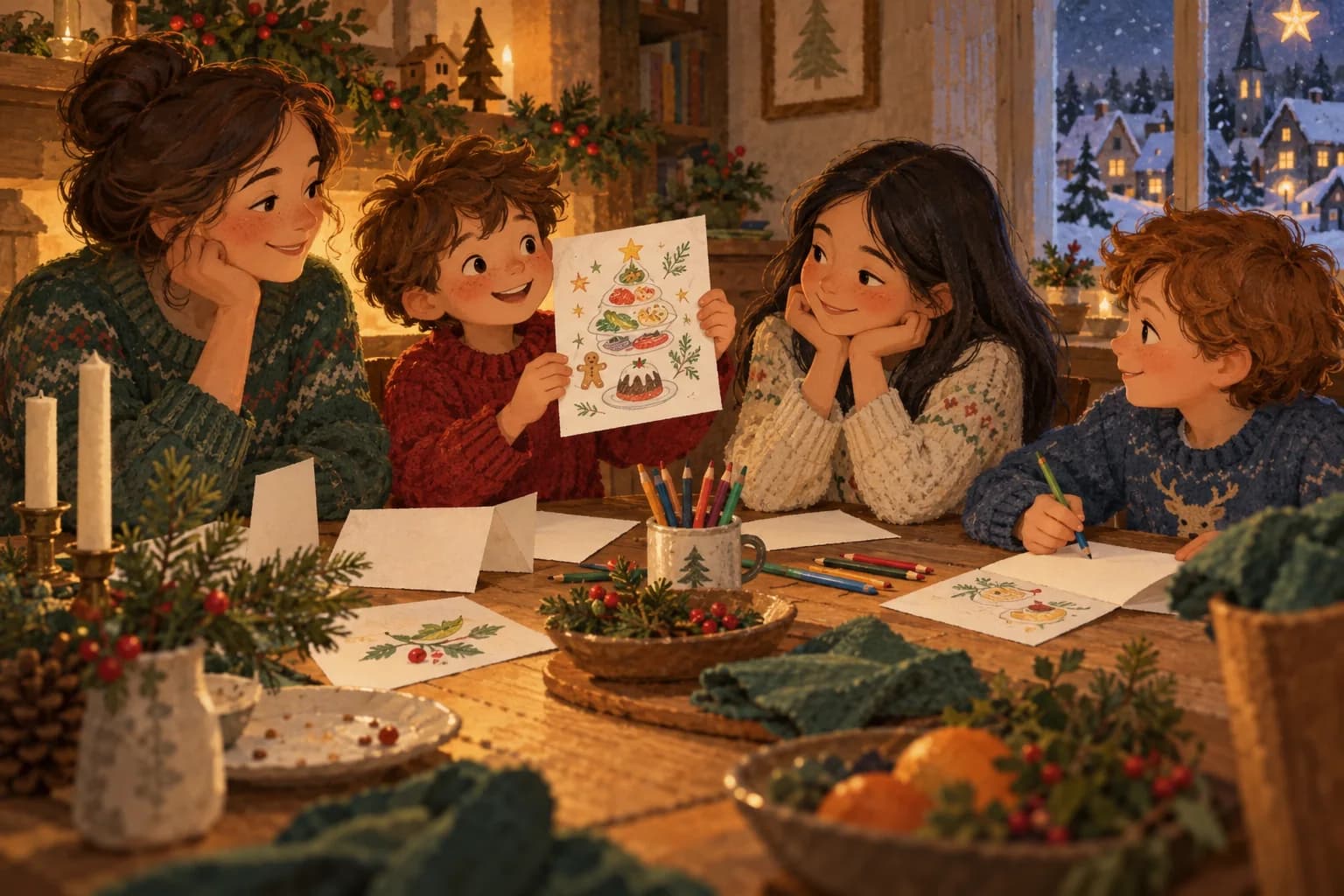 Des enfants et un adulte dessinent un menu imaginaire entre deux plats du repas de Noël.