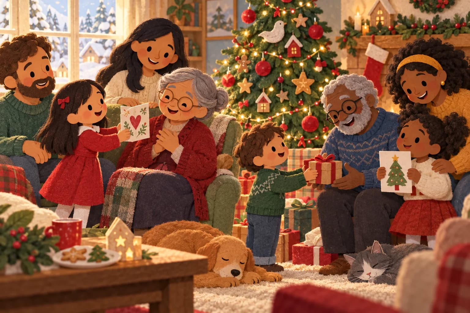 Une famille échange des cadeaux faits main près du sapin de Noël