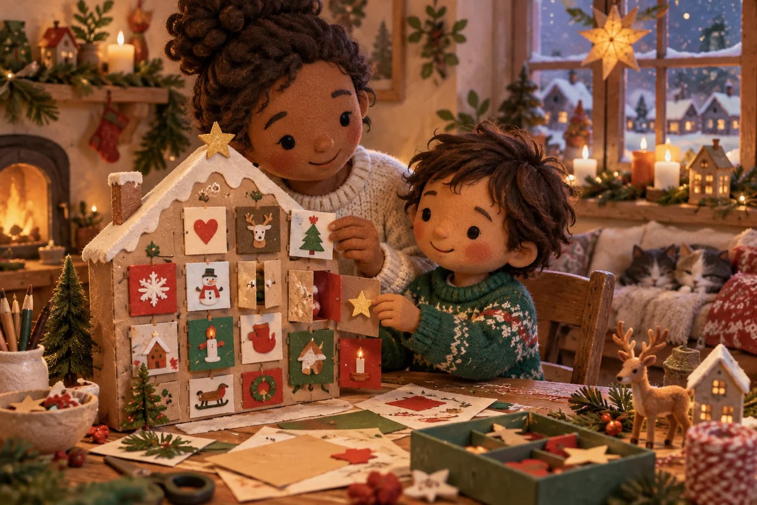 Un parent et un enfant fabriquent un calendrier de l’Avent dans une pièce chaleureuse