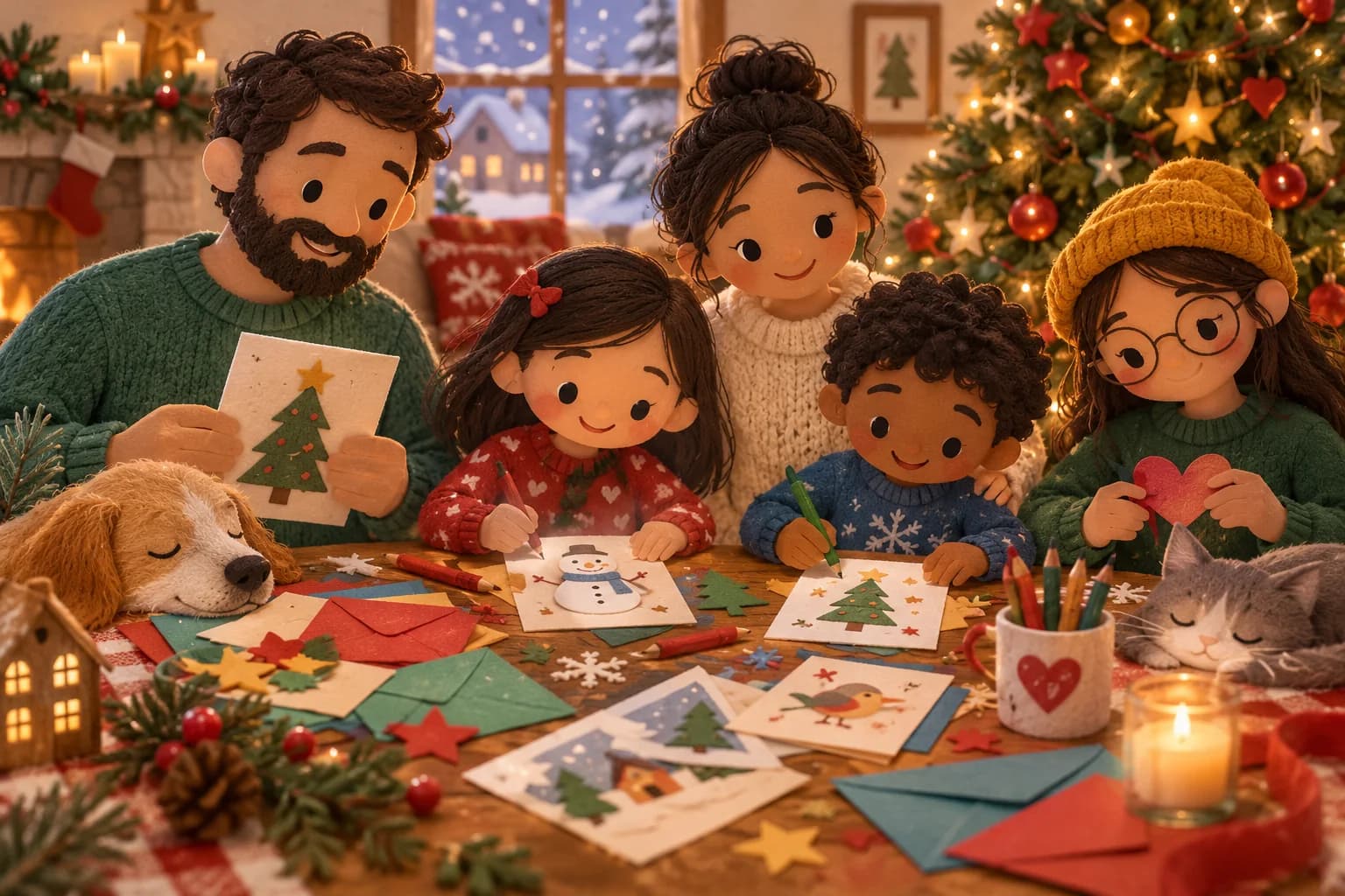 Une famille fabrique des cartes de Noël autour d’une table
