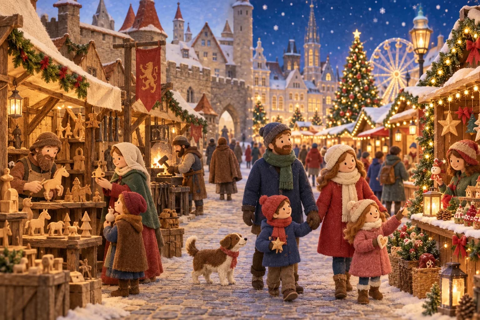 Illustration d’un marché de Noël ancien et moderne avec des artisans, des chalets et des familles