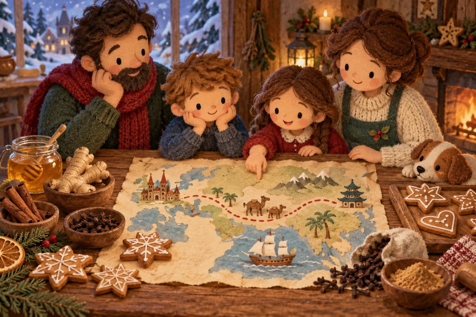 Une famille découvre l'histoire du pain d'épices autour d'une table de Noël
