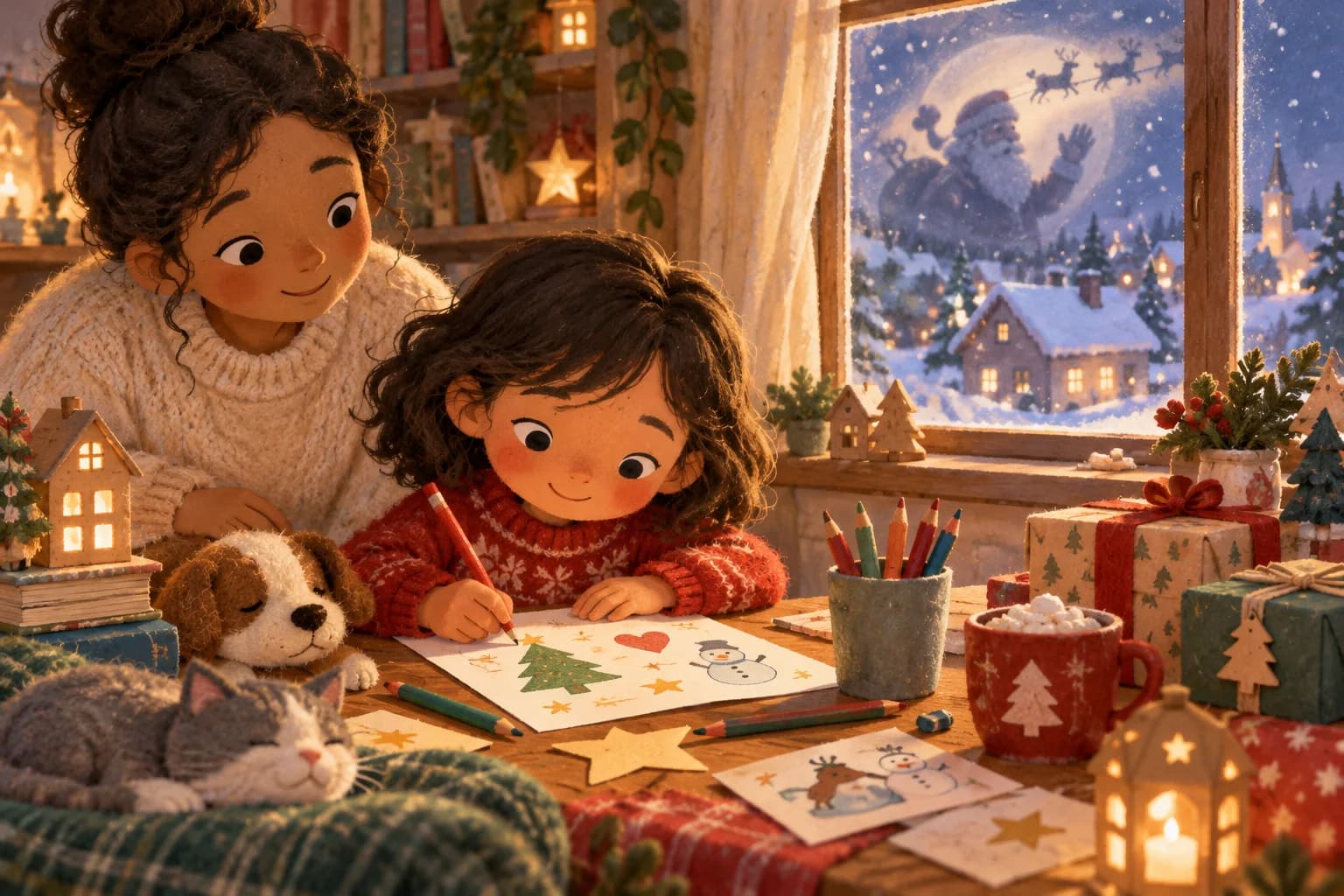 Un enfant écrit une lettre de souhaits de Noël pendant qu’un adulte l’aide près d’une fenêtre enneigée.
