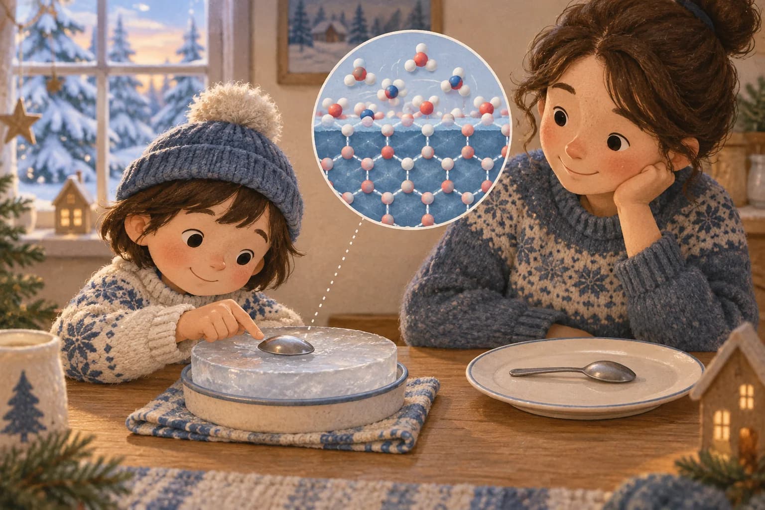 Un enfant et un parent comparent le glissement d’une cuillère sur la glace et sur une assiette, avec un agrandissement de la surface de la glace.